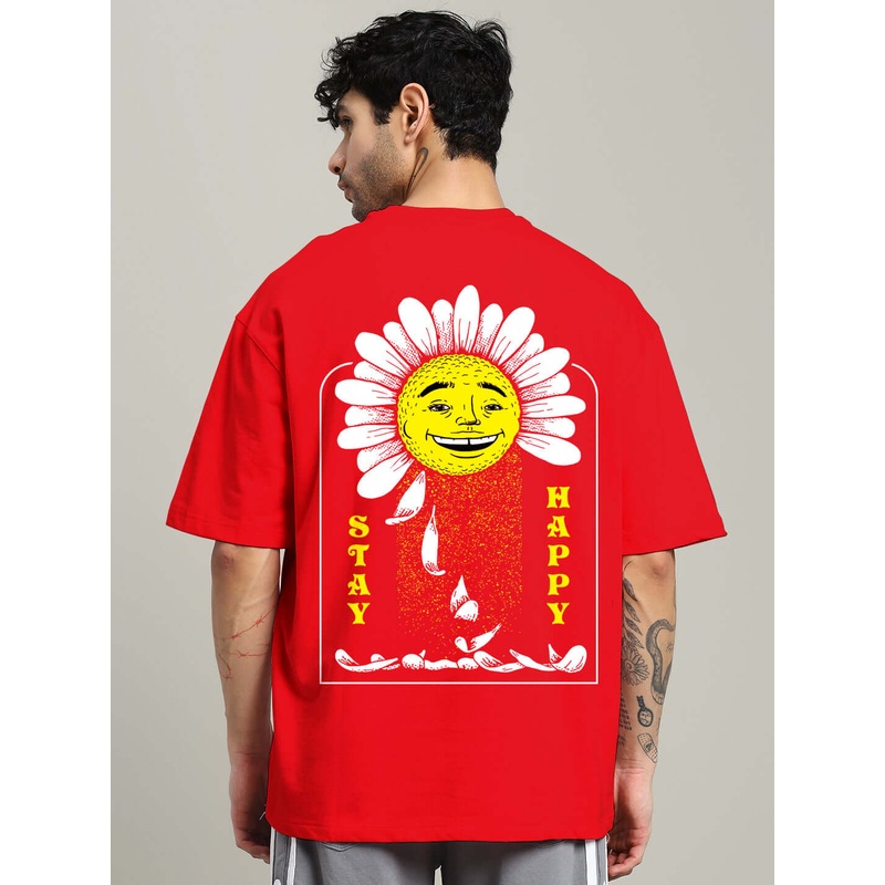 STAY HAPPY PRINTED OVERSIZED T-SHIRT RED XS