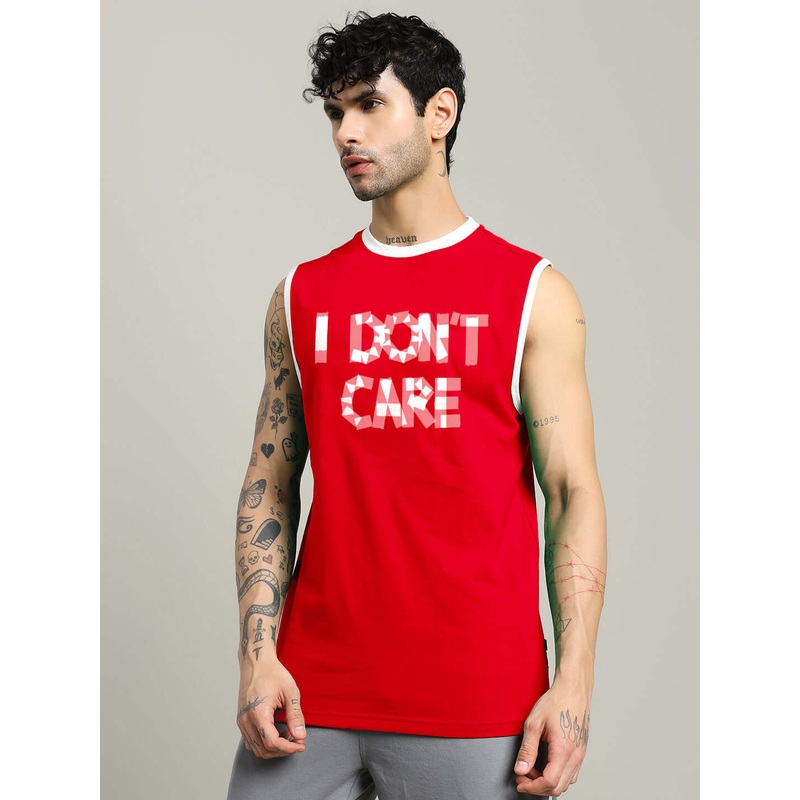 I DON’T CARE SLEEVELESS GYM T-SHIRT RED XS