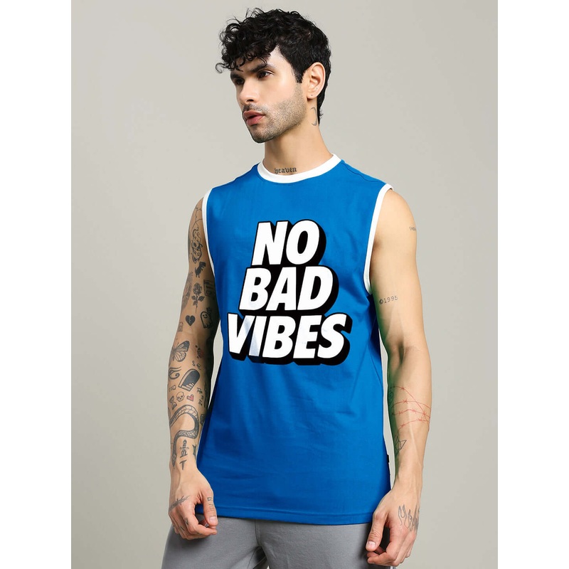 NO BAD VIBES SLEEVELESS GYM T-SHIRT BLUE XS