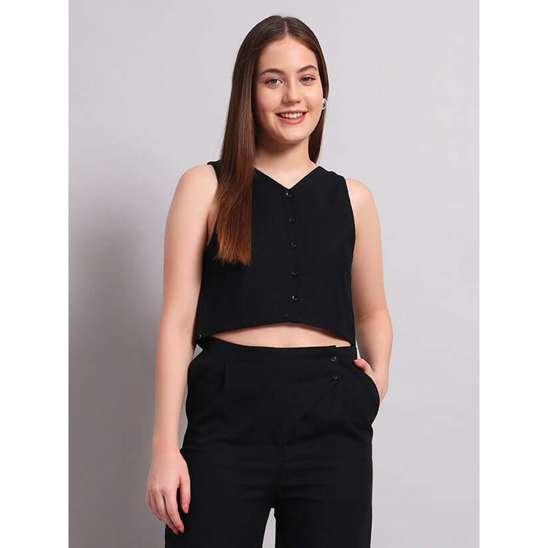 WOMEN CHIC CROP-TOP V NECK BLACK XS
