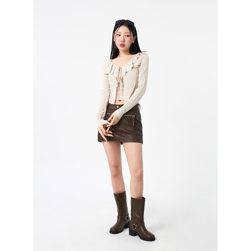 Faux Leather Mini Skirt CM316 Brown S