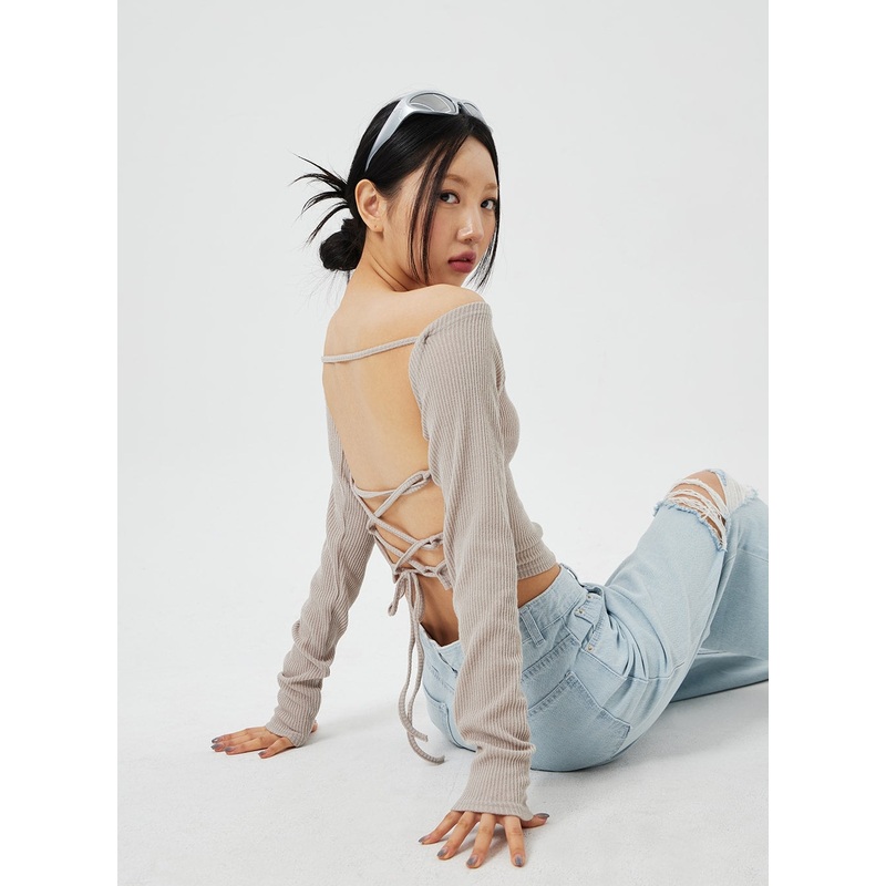 Back Tie Ribbed Knit Top CF316 White S/M