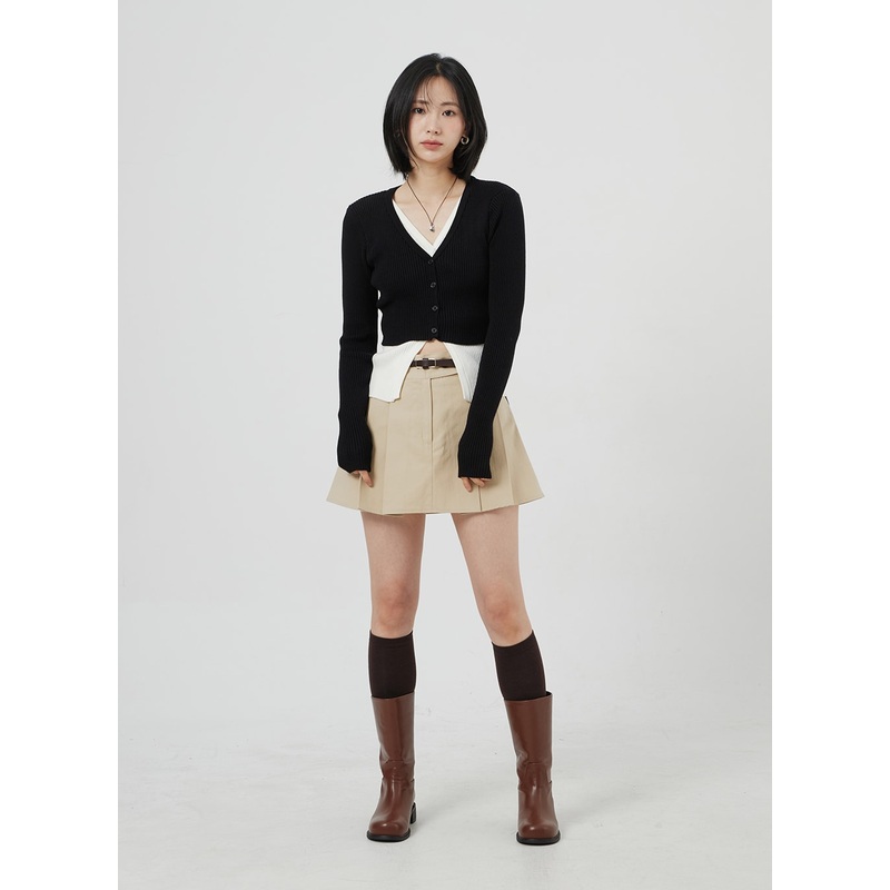 High Waist Pleated Mini Skirt OM306 Beige S