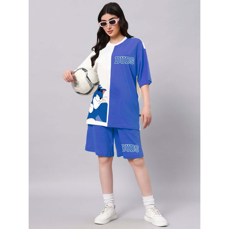 WOMEN CAPER TOM CO-ORD SET BLUE OFF-WHITE XS