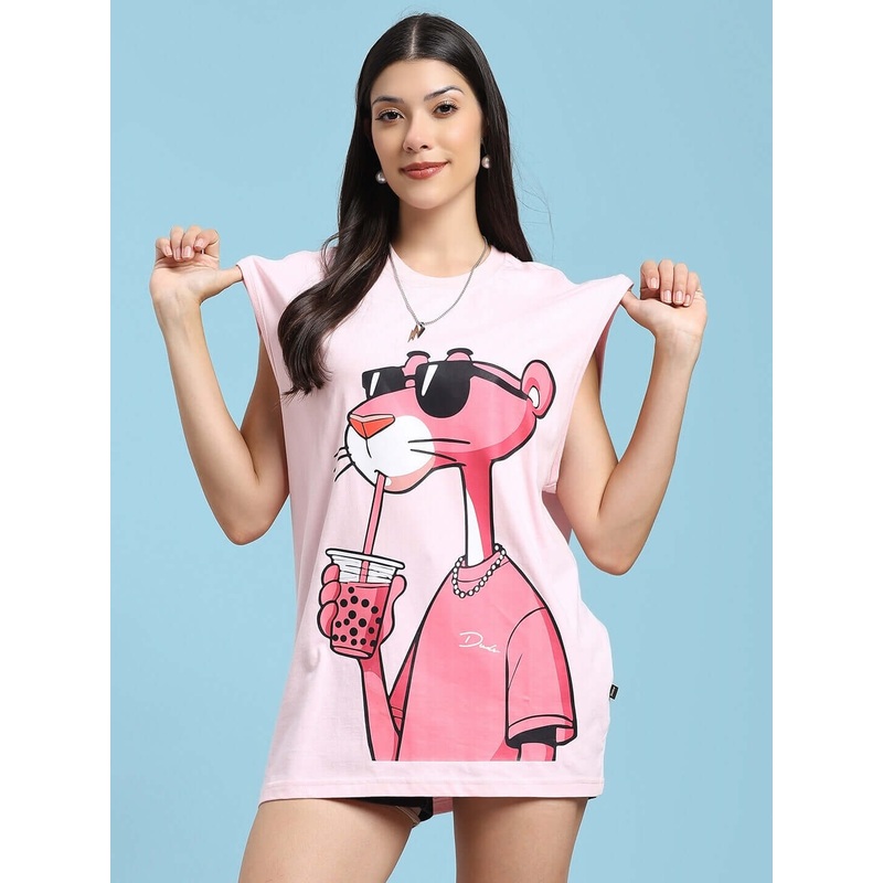 WOMEN JUST CHILL PINK PANTHER PRINTED T-SHIRT PINK XS