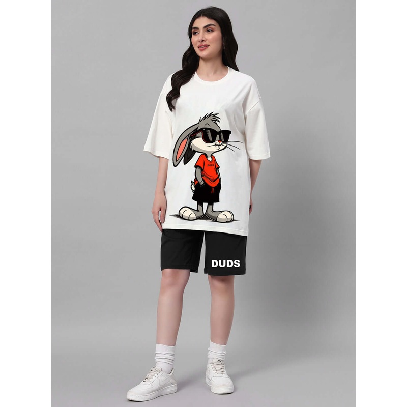 WOMEN THINK BIG BUNNY TOONS CO-ORD SET OFF WHITE BLACK XS