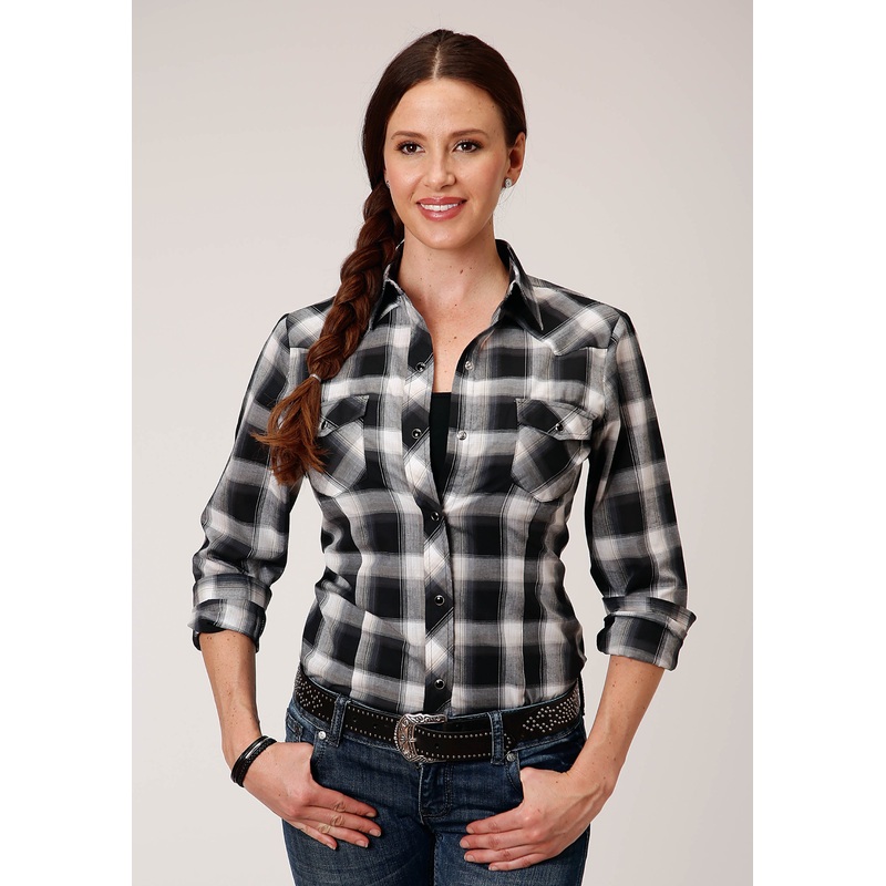 Womens Long Sleeve Snap Black  Charcoal  And White Plaid Western Shirt XS