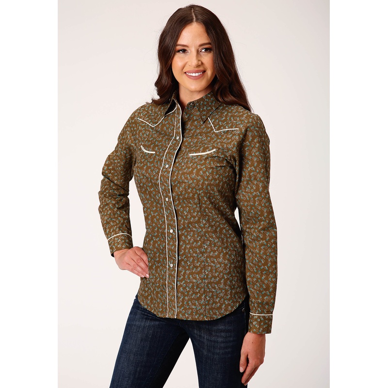 Womens Long Sleeve Snap Brown Turquoise And Cream Mini Floral Western Shirt XS