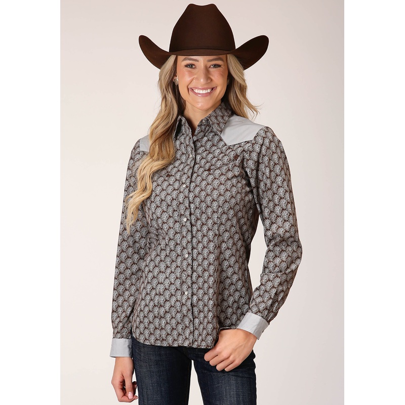 Womens Long Sleeve Snap Chocolate And Cream Teardrop Print Western Shirt XS