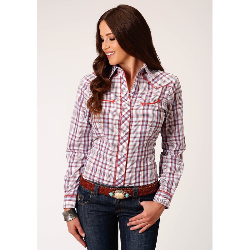 Womens Long Sleeve Snap Cream  Red  Orange  Navy Plaid Western Shirt XS