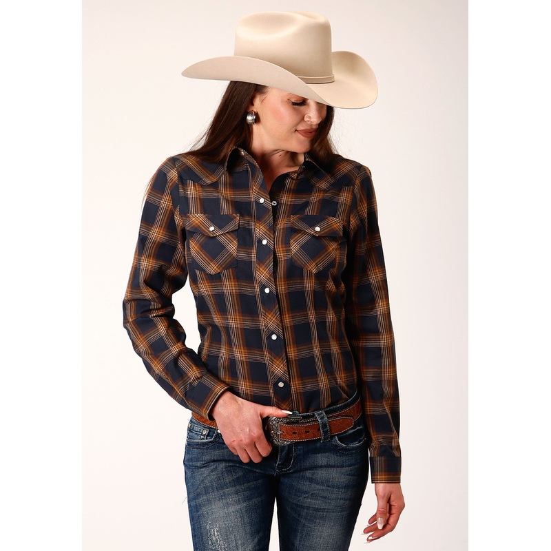 Womens Long Sleeve Snap Navy And Brown Pliad Western Shirt XS