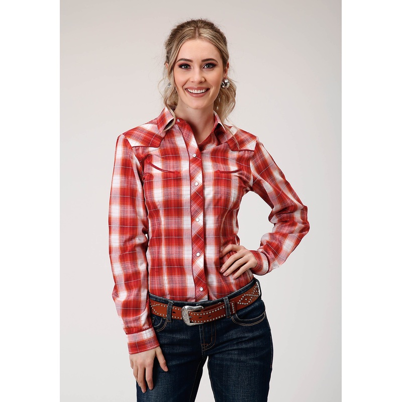 Womens Long Sleeve Snap Orange  Red  And White Windowpane Western Shirt XS