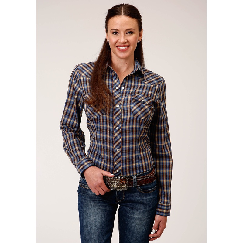 Womens Long Sleeve Snap Royal  Brown And Yellow Plaid Western Shirt XS