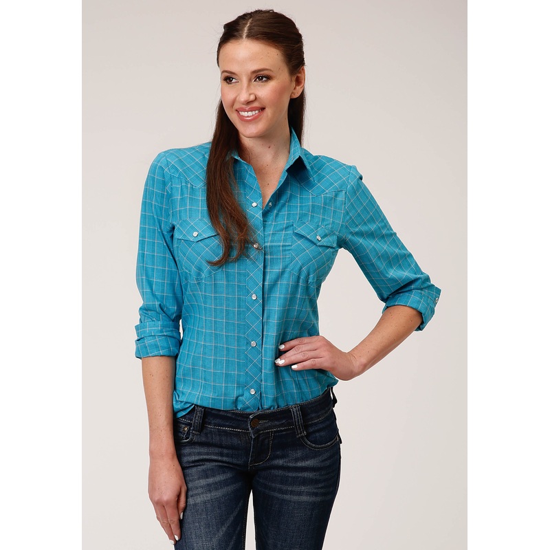 Womens Long Sleeve Snap Turquoise Black And Orange Windowpane Plaid Western Shirt XS