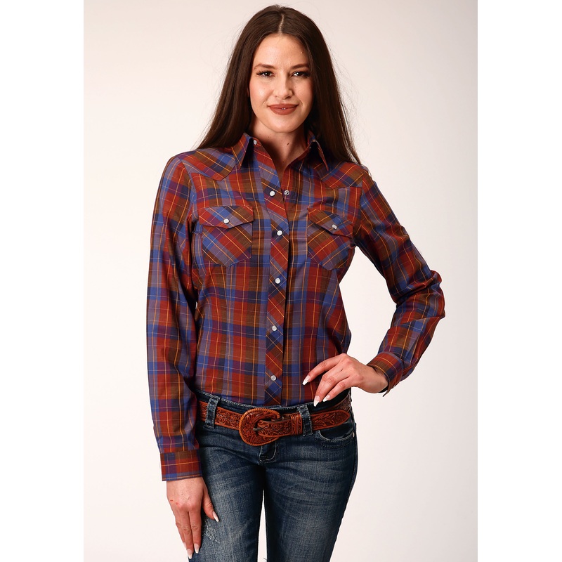 Womens Long Sleeve Snap Wine And Peri Plaid Western Shirt XS
