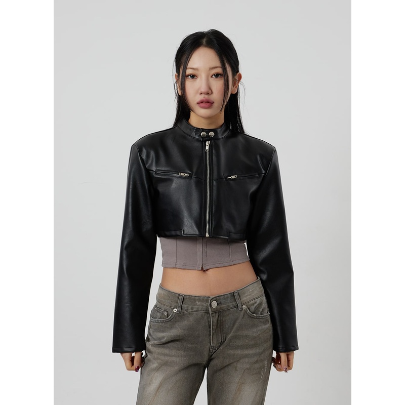 Faux Leather Cropped Zip-Up Jacket CF301 Light gray S/M