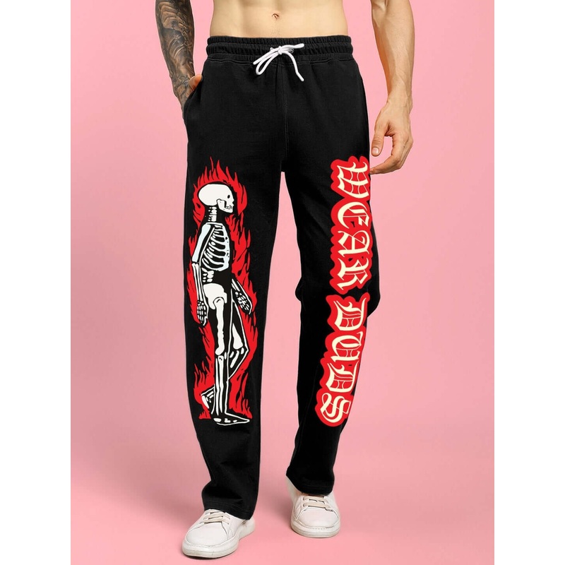 FLAMING SKELETON PRINTED RELAXED FIT JOGGER BLACK XS