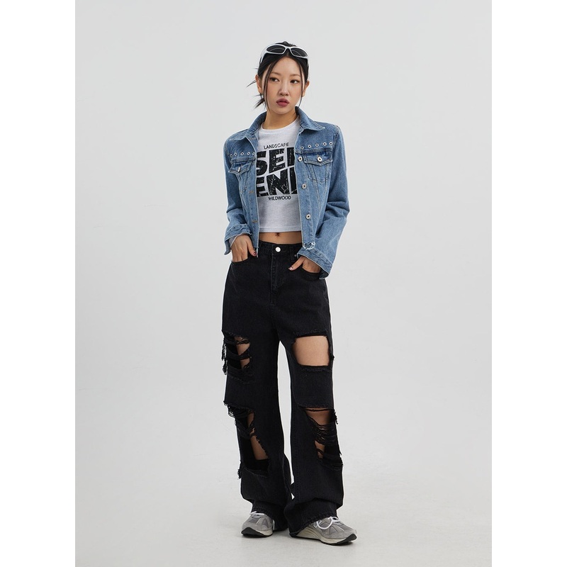 Ripped Wide Leg Jeans CJ319 Black S