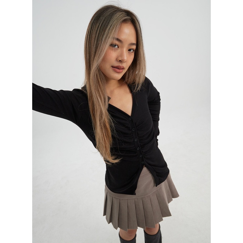 Ruffle Bust Button V-Neck Top CJ325 White S/M