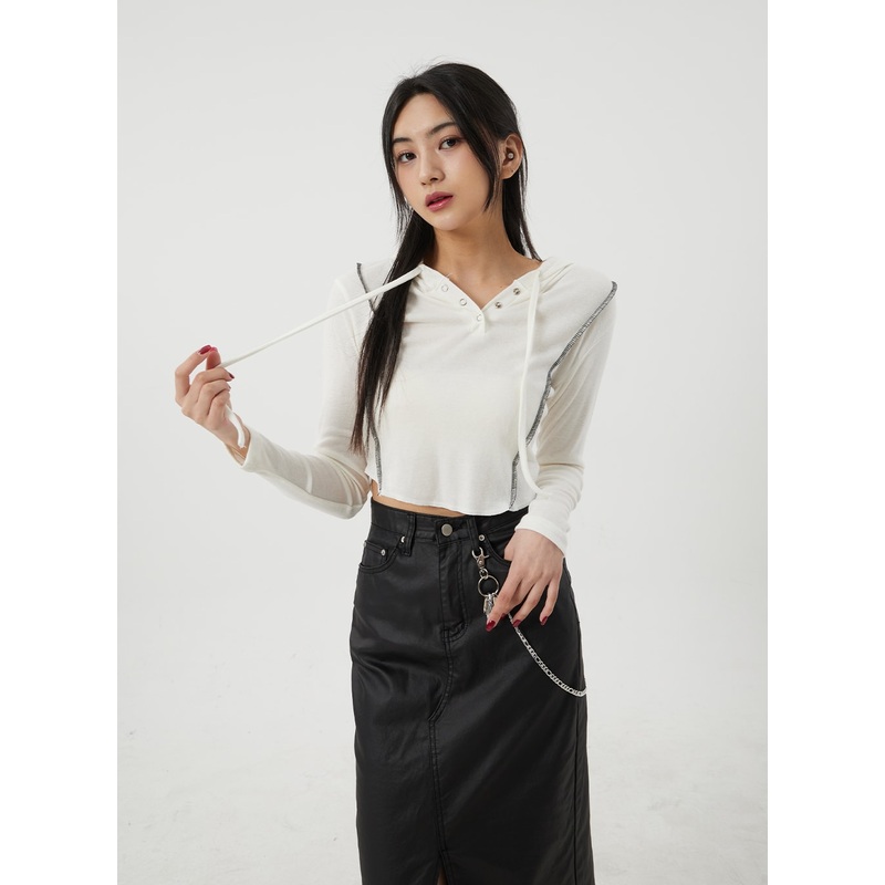 Stripe Detail Cropped Hoodie Top BJ319 Light beige S/M