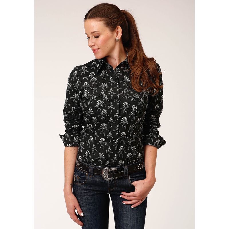 Womens Long Sleeve Snap Black And Cream Floral Print Western Shirt XS