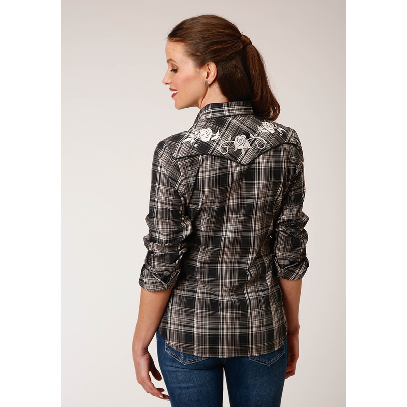 Womens Long Sleeve Snap Black And Cream Plaid Western Shirt XS