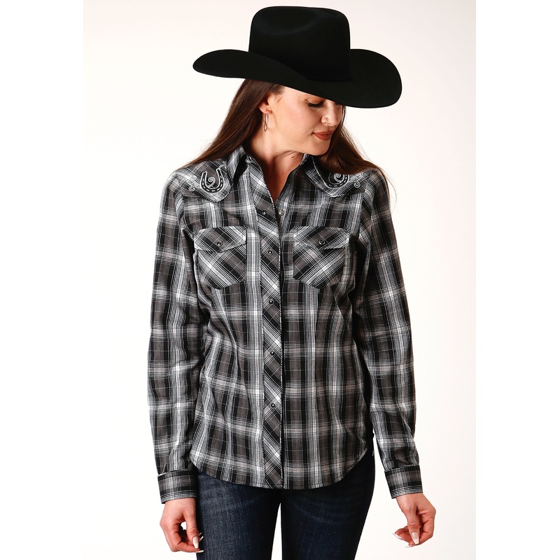 Womens Long Sleeve Snap Black And White Plaid Western Shirt XS