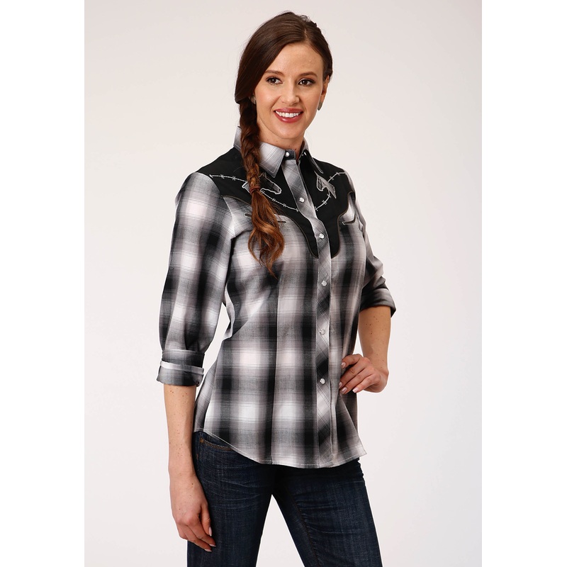 Womens Long Sleeve Snap Black White And Grey Plaid Western Shirt XS