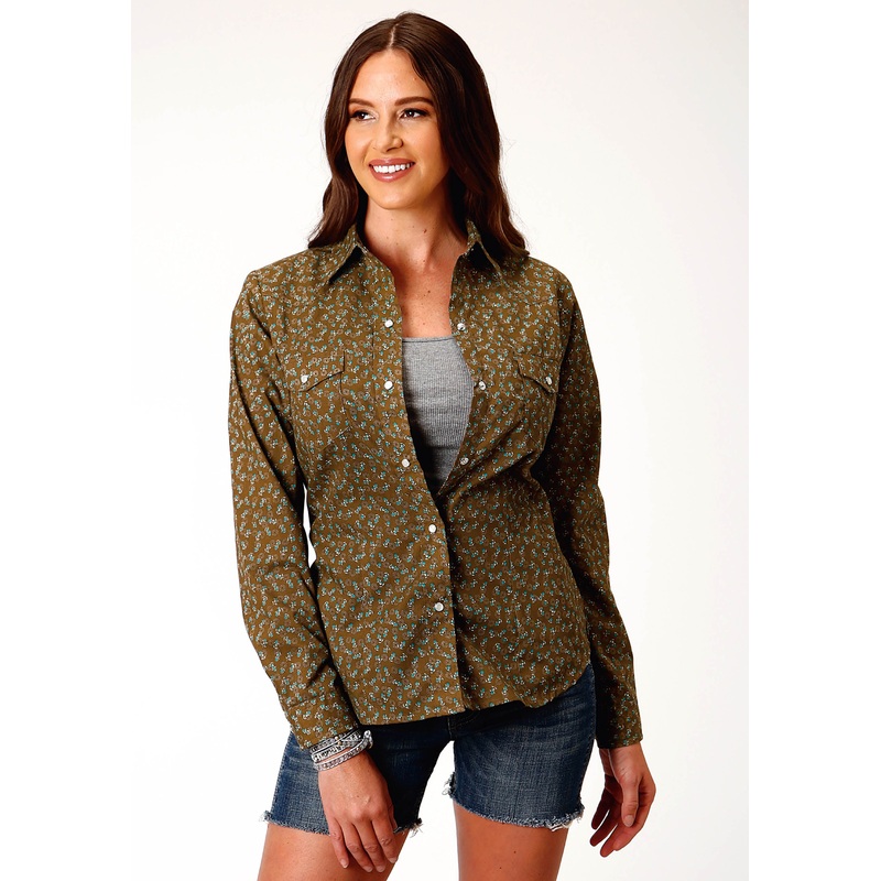 Womens Long Sleeve Snap Brown Turquoise And Cream Mini Floral Print Western Shirt XS