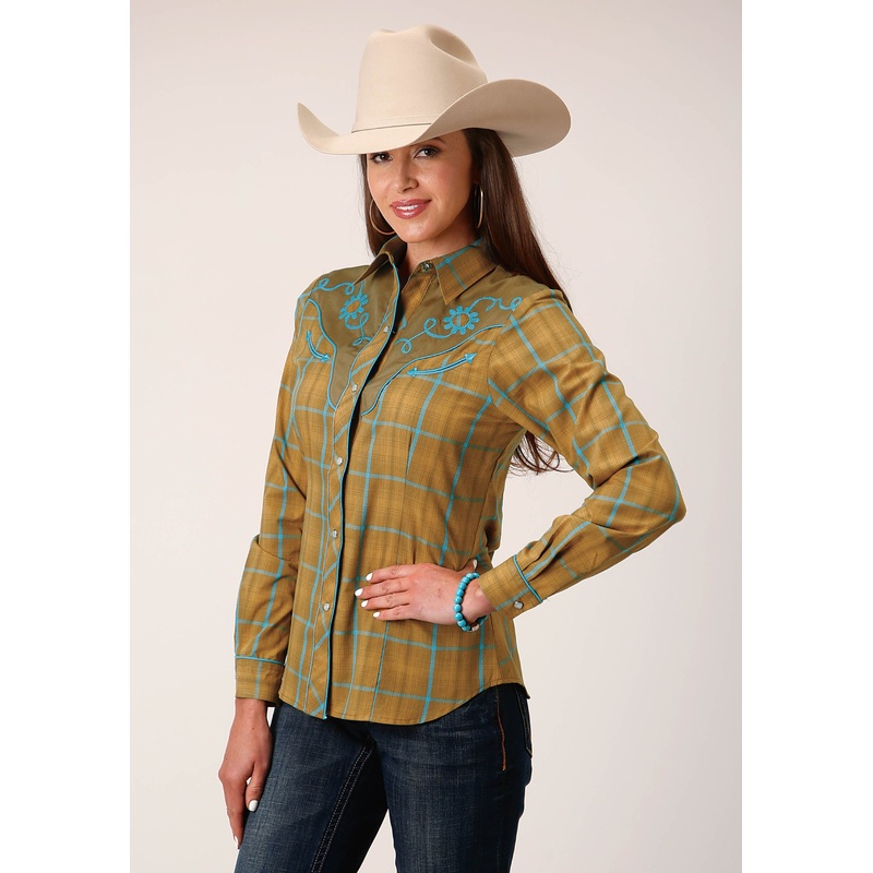 Womens Long Sleeve Snap Butterscotch Turquoise Plaid Western Shirt XS