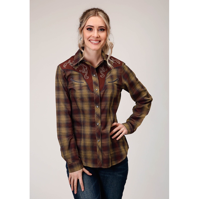 Womens Long Sleeve Snap Caramel And Grey Plaid Western Shirt XS
