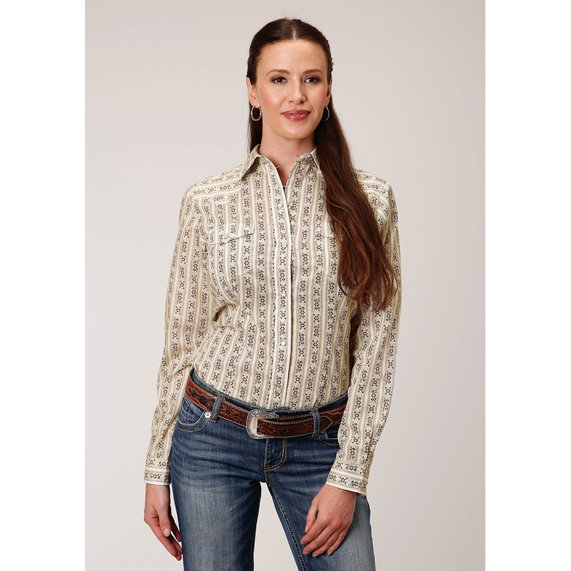 Womens Long Sleeve Snap Cream And Brown Wallpaper Stripe Western Shirt XS