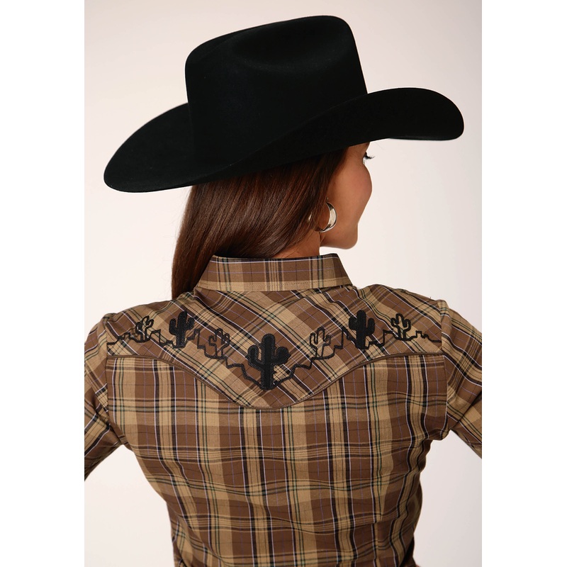 Womens Long Sleeve Snap Multi Brown Plaid Western Shirt XS