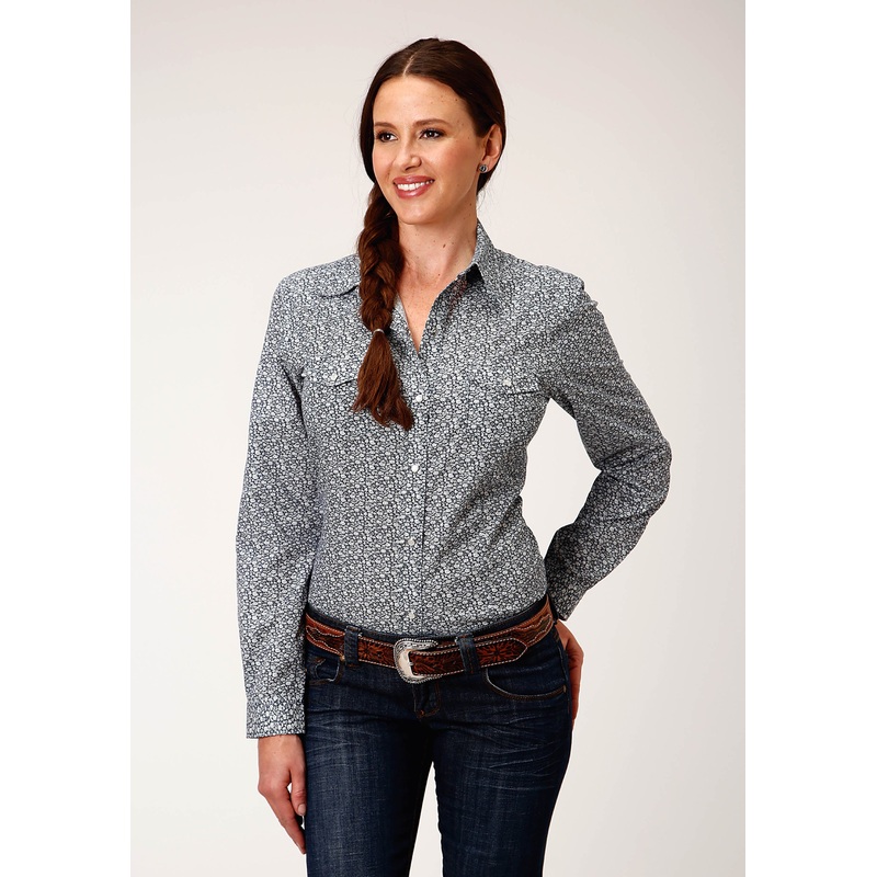 Womens Long Sleeve Snap Navy And Cream Floral Print Western Shirt XS