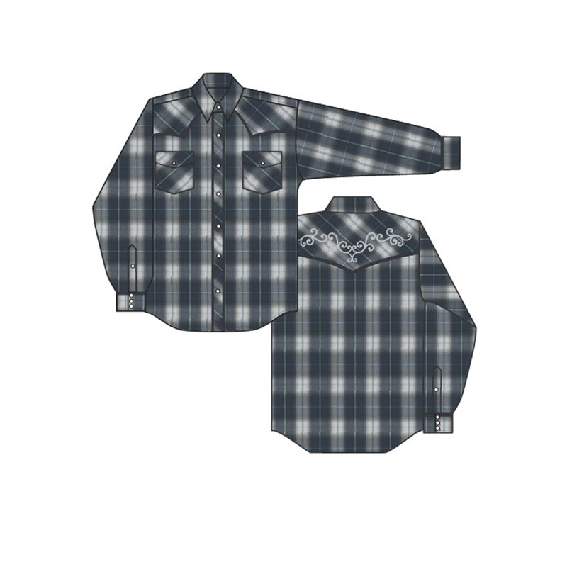 Womens Long Sleeve Snap Navy Grey  And Light Blue Lg Scale Plaid Western Shirt XS