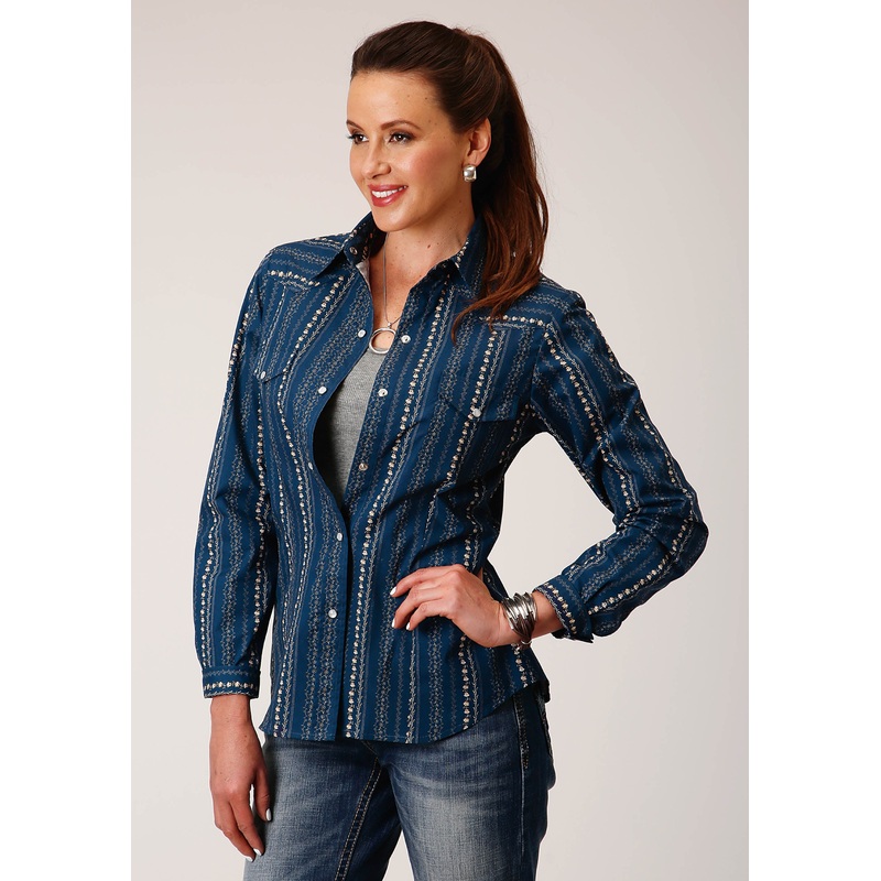 Womens Long Sleeve Snap Navy Khaki Floral Wallpaper Print Western Shirt XS