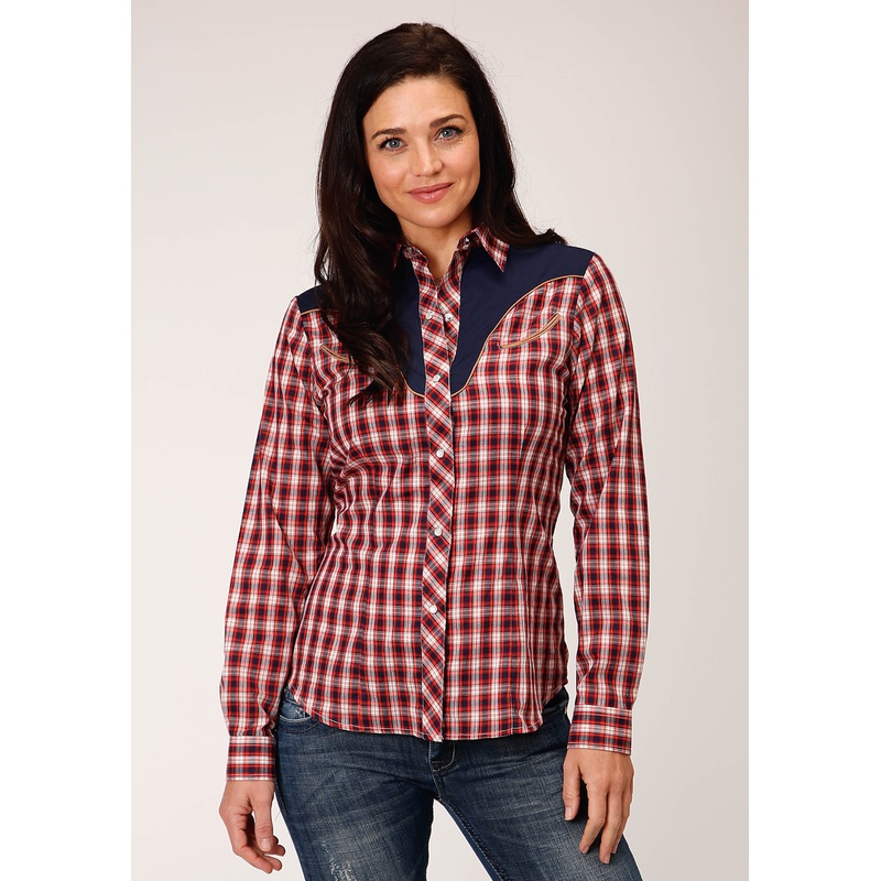 Womens Long Sleeve Snap Red Navy And Cream Small Plaid Scale Western Shirt XS