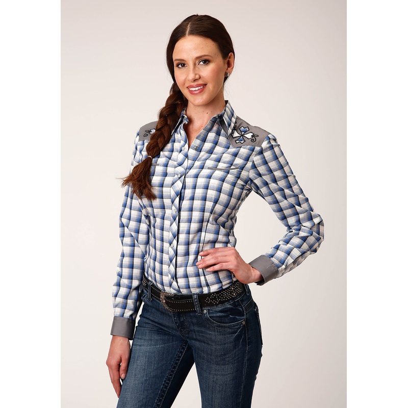 Womens Long Sleeve Snap Royal  Black  And Cream Plaid Western Shirt XS