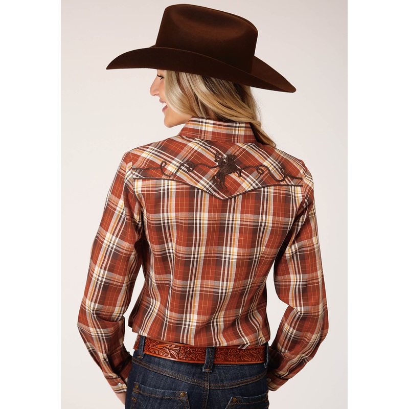 Womens Long Sleeve Snap Rust  Brown  And Cream Plaid Western Shirt XS