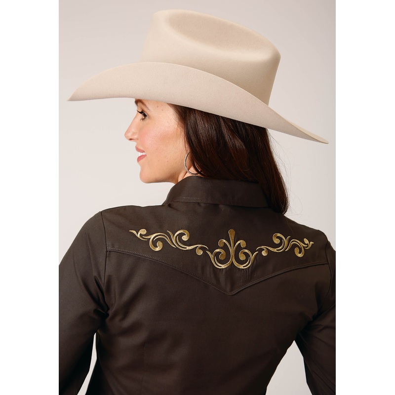 Womens Long Sleeve Snap Solid Broadcloth  Deep Choc Brown Western Shirt XS