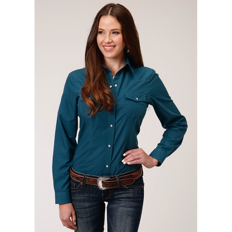 Womens Long Sleeve Snap Solid Broadcloth  Deep Teal Western Shirt XS