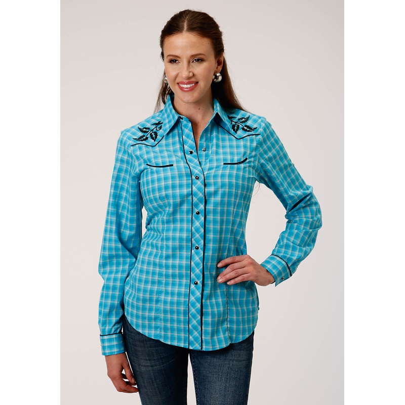 Womens Long Sleeve Snap Turquoise And Grey Small Scale Plaid Western Shirt XS