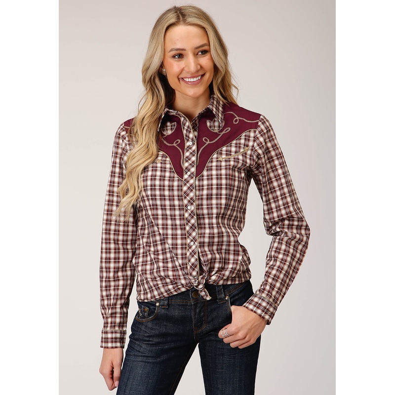 Womens Long Sleeve Snap Wine Cream Tan Small Scale Plaid Western Shirt XS