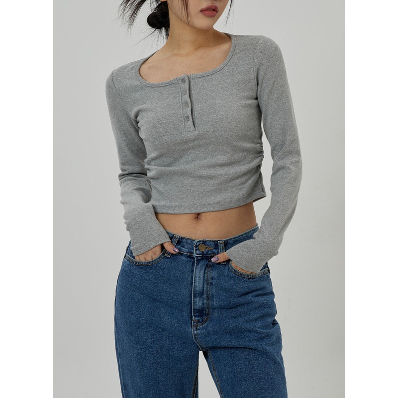 Button Neck Long Sleeve Cropped Top CD21 White S/M