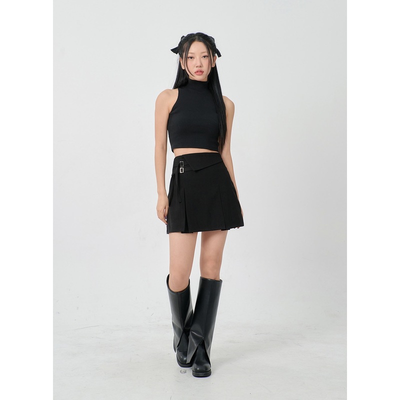 Folded Waist Two Buckle Pleated Mini Skirt BD23 Beige S