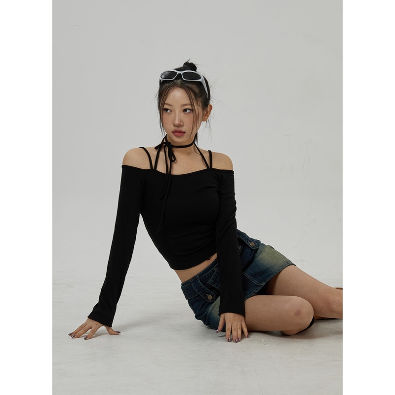 Neck Ribbon Detail Long Sleeve Cropped Top CD21 White S/M