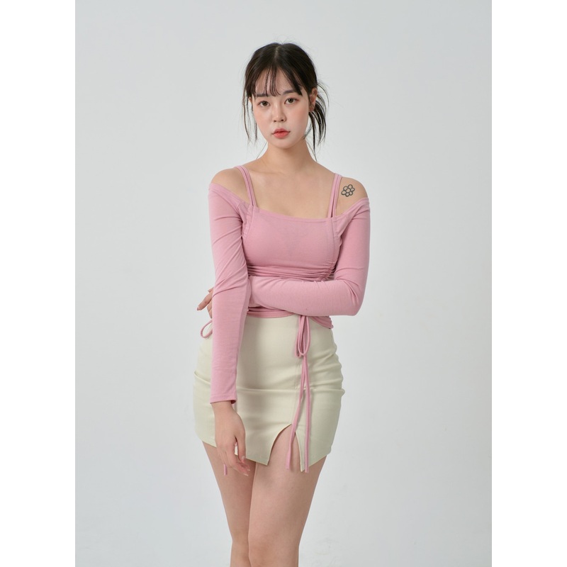 Off-Shoulder Double Front Tie Ruched Top IJ304 White S/M