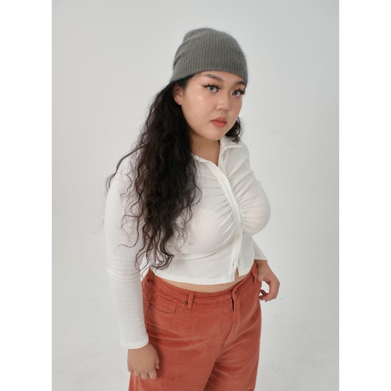 Plus Ruffle Bust Button Cropped Top ID20 White L