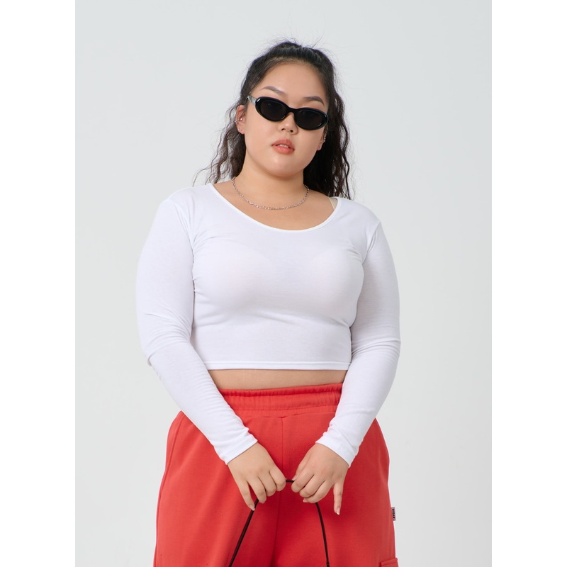 Plus U-Neck Long Sleeve Cropped Top ID27 White L
