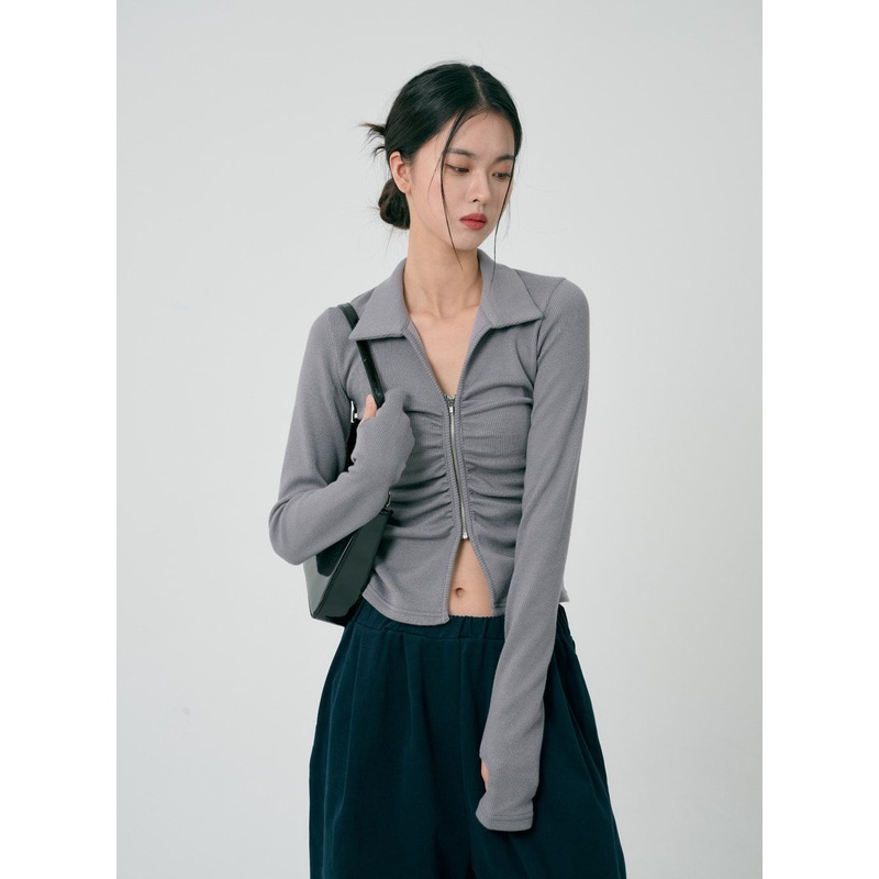 Ruffle Zipper Long Sleeve Top ID08 Grey S/M